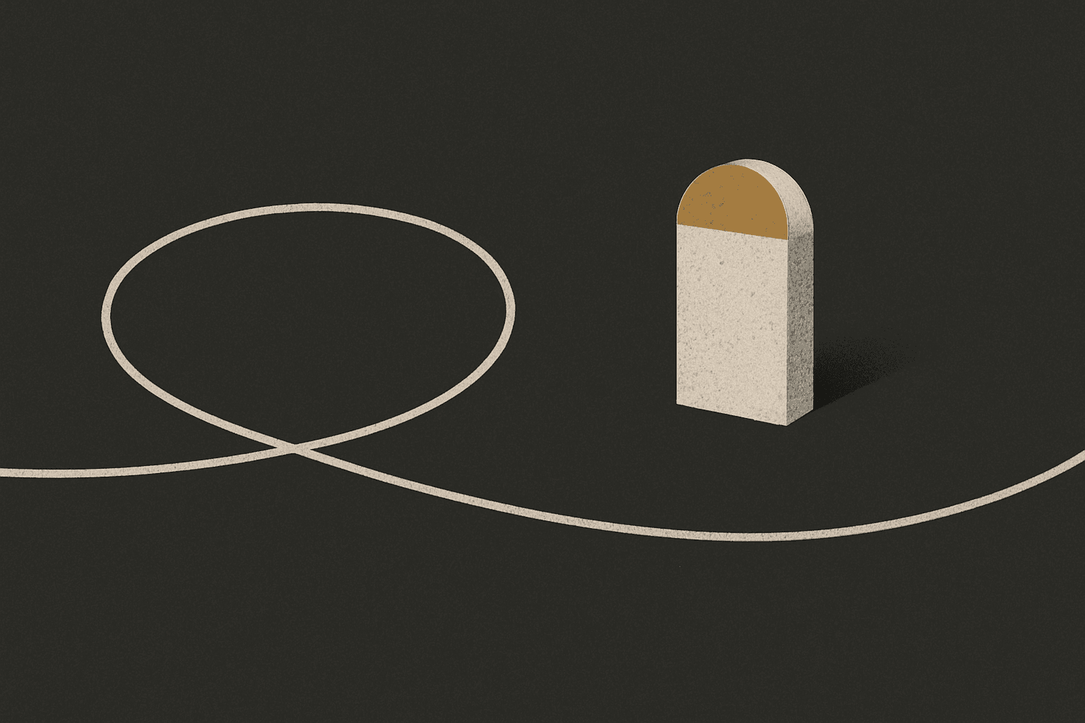 A single isolated milestone marker beside an unbroken continuous antique-brass loop line on a deep graphite field.
