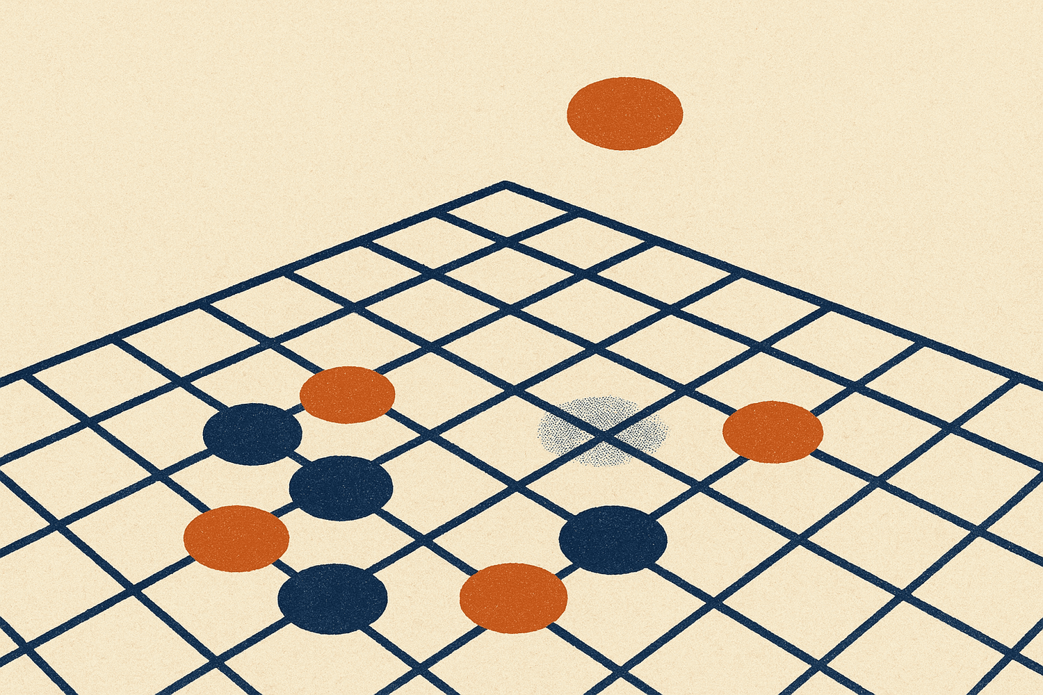 A risograph-style editorial illustration of a Go board with a single stone hovering above an empty intersection, rendered in deep navy and terra-cotta on warm cream paper.