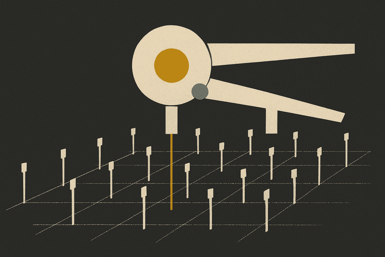 A risograph-style editorial illustration of a trading-floor crowd whose raised hands form an ascending price chart, rendered in deep navy and terra-cotta on warm cream paper.