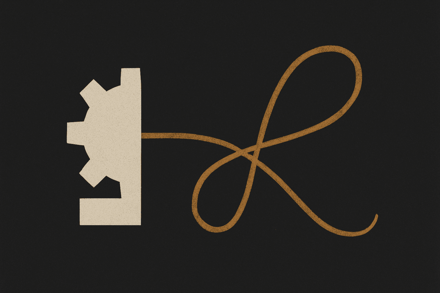 A rigid mechanical gear rendered in linen dissolving into a single fluid antique-brass loop line on a deep graphite field — tool versus living discipline.