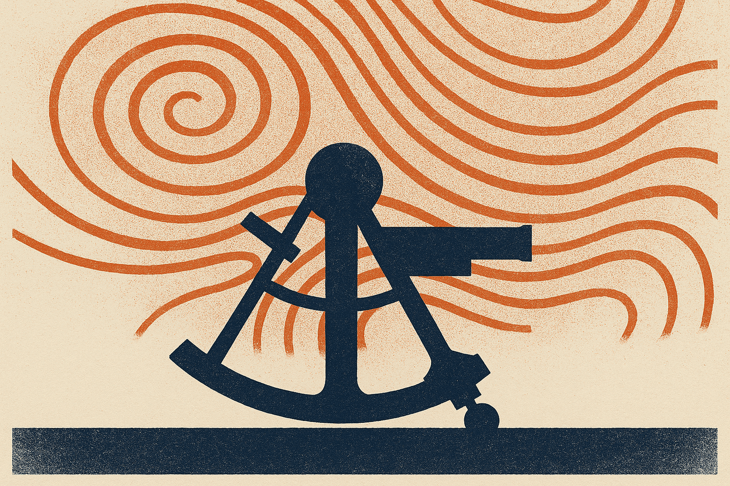 An editorial illustration of a brass nameplate engraved with a compass rose, set against a cream paper field.