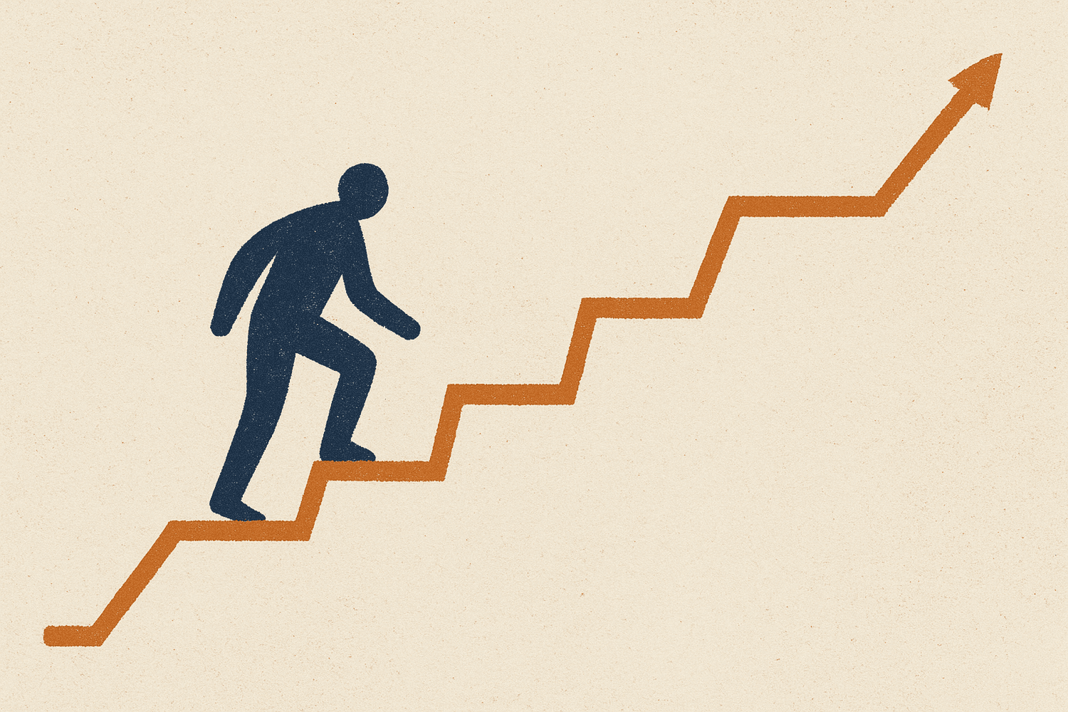 An editorial illustration of an ascending line of slim arrows rising over a horizontal rule, rendered in deep navy on cream paper with a terracotta accent.
